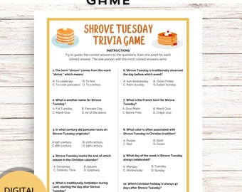 Vastenavond triviaspel, pannenkoekenquiz, afdrukbare pannenkoekendagactiviteit, pannenkoekendagspel, multiple choice trivia-spel direct downloaden
