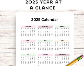 2025 Calendar Printable, School Calendar Printable, 2025 Year at a Glance Calendar