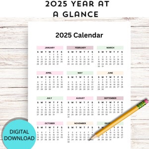 2025 Calendar Printable, School Calendar Printable, 2025 Year at a Glance Calendar