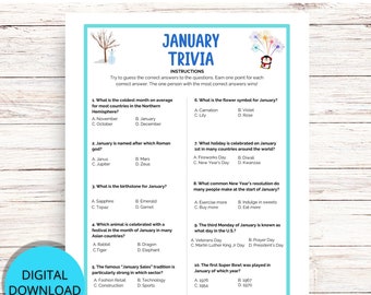 Juego de trivia imprimible de enero, actividad para un día de nieve, juego de trivia de invierno para adultos y niños, noche de juegos familiares de invierno, juego de preguntas y respuestas sobre los eventos de enero
