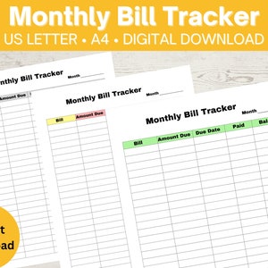 Monthly Bill Tracker Printable | Bill Payment Tracker | Bill Pay Checklist | Debt Budget Planner | A4 US Letter