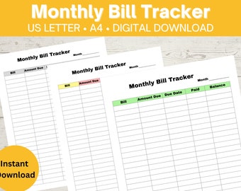 Monthly Bill Tracker Printable | Bill Payment Tracker | Bill Pay Checklist | Debt Budget Planner | A4 US Letter