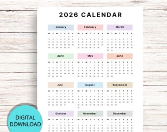 Afdrukbare kalender 2026, afdrukbare schoolkalender, kalender 2026 in één oogopslag, start maandag, jaar in één oogopslag, kalender met één pagina 2026