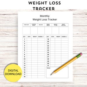 May include: A printable weight loss tracker with a black and white design. The tracker includes sections for start date, starting weight, end date, ending weight, amount to lose, and weight loss goal. There are also sections for daily weight tracking, with columns for day, date, weight, and change.