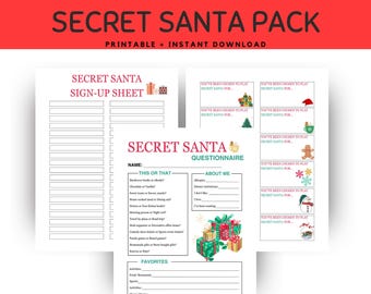 May include: Printable Secret Santa pack with a sign-up sheet, questionnaire, and gift ideas. The questionnaire includes sections for "This or That", "About Me", and "Favorites".