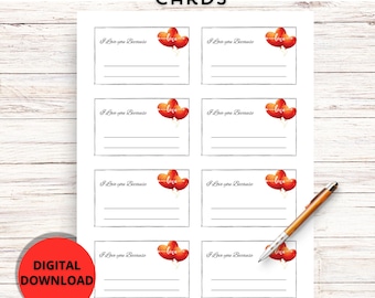 Tarjetas en blanco para imprimir con la frase "Te amo porque", tarjetas para rellenar con la frase "Te amo", notas con las razones por las que te amo, notas de amor para imprimir, descarga instantánea