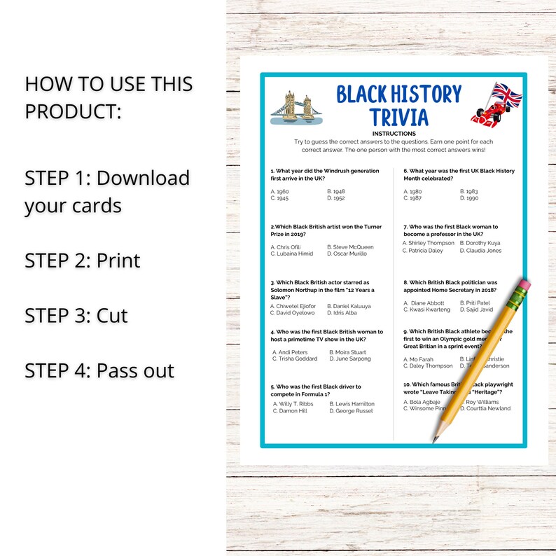 UK Black History Trivia Printable Game, Multiple Choice Black History ...