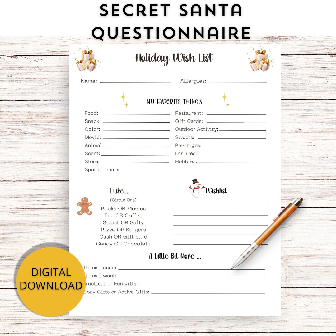 Secret Santa Coworker Questionnaire, Christmas Wish List, Gift Exchange ...