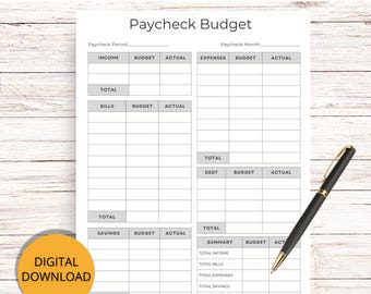 Presupuesto de cheque de pago imprimible, Seguimiento de presupuesto mensual, Seguimiento de finanzas en formato PDF,