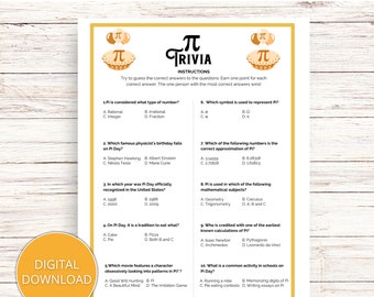 Pi Day Trivia Game, Pi Day Family Game, Pi Day Printable Game