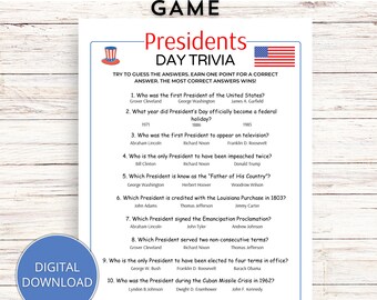 Presidents Day Trivia Game, Instant Download, Multiple Choice Game