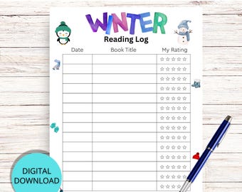 Winterleeslogboek voor kinderen, dagelijks leeslogboek, afdrukbaar leeslogboek