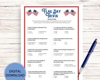 Flag Day Trivia Game, Verenigde Staten Flag Trivia Game, Flag Day Trivia Quiz afdrukbare, Instant Download