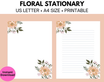 Floral Printable Stationary, Writing Paper, A4, Letter, Lined Printable Paper, Blank Printable Stationary