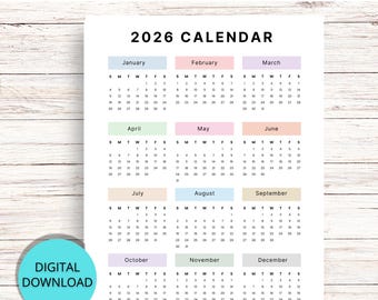2026 Calendar Printable, School Calendar Printable, 2026 Year at a Glance Calendar, Sunday Start 2026 Calendar, 2026 Yearly Calendar, PDF