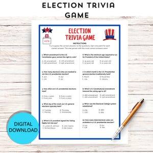 May include: A printable election trivia game with ten questions about US elections. The questions cover topics such as the voting age, the Electoral College, and the number of electoral votes needed to win the presidency. The game is designed for a group of people to play together.