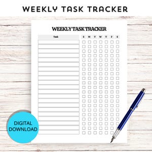 May include: A printable weekly task tracker with a list of tasks on the left and a grid of days of the week on the right. Each day has a row of seven boxes for checking off tasks.