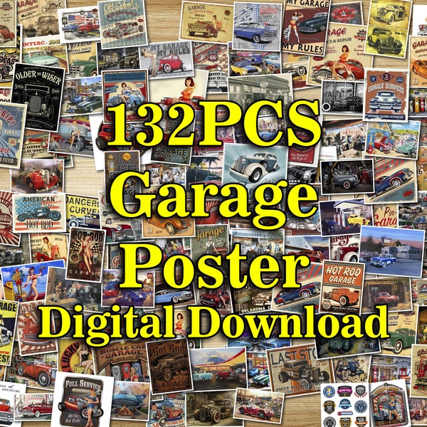 132 PCS Posters de garage, Kit de garage, Poster de voiture, Art de garage, Décoration de garage, Cadeau pour mécanicien, Décoration murale de garage, Art mural de garage, Impression de garage