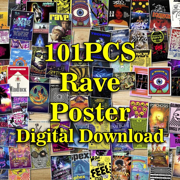 101PCS Rave Poster, Rave Flyers, 90s Rave Poster, Rave Decor, Rave Print, Rave Wall Art, Album Cover Posters, Band Posters, Concert Poster