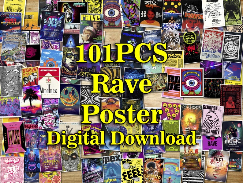 101PCS Rave Poster, Rave Flyers, 90s Rave Poster, Rave Decor, Rave Print, Rave Wall Art, Album Cover Posters, Band Posters, Concert Poster image 1