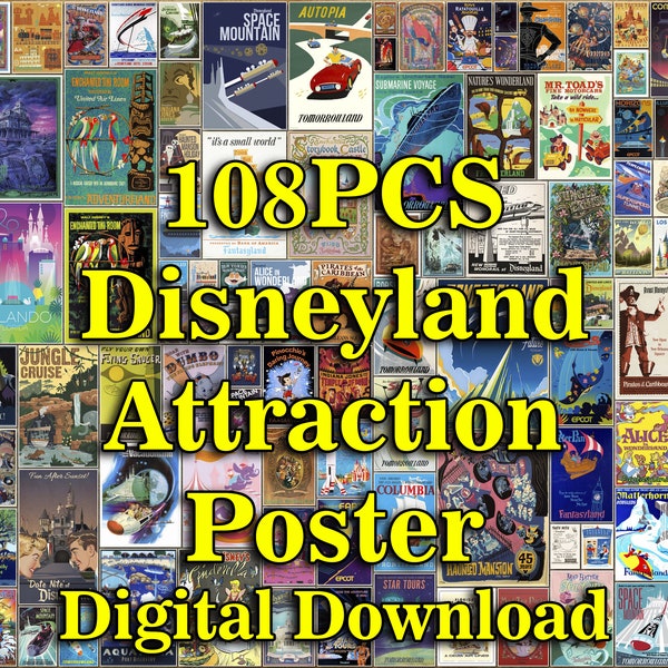 108PCS Retro Attraction Poster Fantasyland Magic Kingdom Retro Poster Storybook Land Attraction Poster Vintage Print Tomorrowland Poster