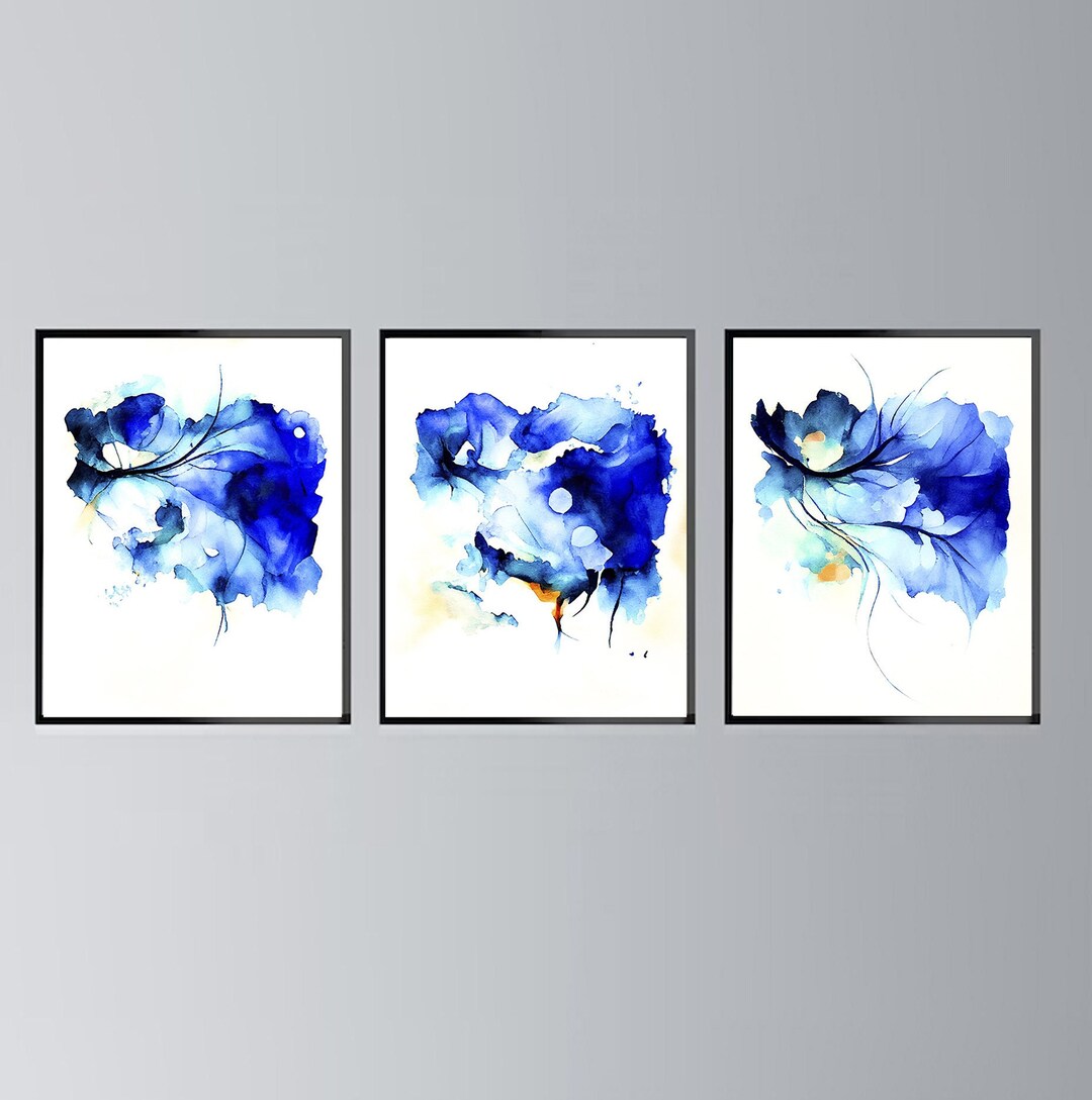 Abstract Cobalt Blue Watercolor Prints Set of Three Prints Etsy