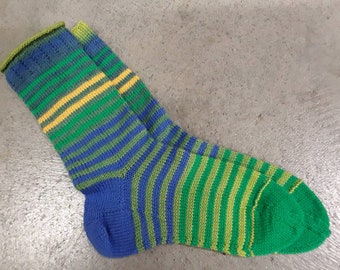 Handknit socks, blue and green, striped, Size S