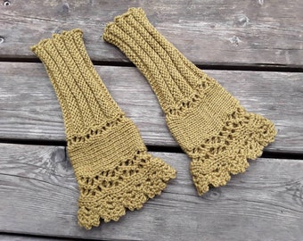 Poignets ou chauffe-pouls en laine tricotée à la main, pour les petites mains, taille S-M, couleur ocre doré