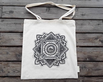 Sac plat en coton biologique avec motif mandala, 42 x 37 cm, poignées longues