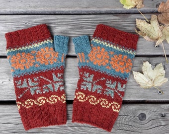 Fingerless gloves - pulse warmer, 100% Shetland wool with Norwegian pattern, rust brown, green, orange and light yellow, size S-M, fair isle