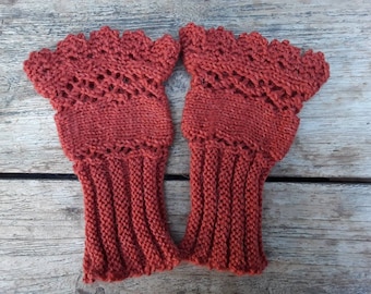 Gauntlets or wrist warmers, hand-knitted from orange-brown wool, for small hands, size M - L