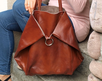 Cognac Tote Leather Bag, Sac en cuir, Grand sac à bandoulière, Slouchy Hobo Bag, Cognac Brown Handbag Women, Sac à main en cuir, Big Shoulder Bag