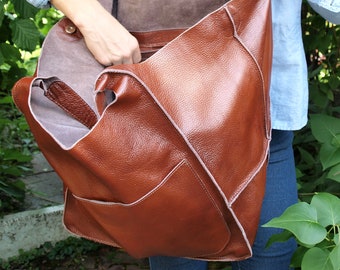 Alledaagse leren draagtas, slouchy leren hobo-tas, oversized weekendtas - grote leren draagtas Grote slouchy hobo-tas - schoudertas,