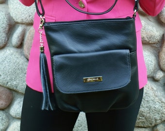 Schwarze Leder Umhängetasche, Leder Umhängetasche, Leder Tasche, Frau Leder Tasche, Windeltasche, Umhängetasche mit Crossbody Gurt