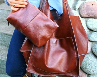 Woman shoulder bag, Woman leather purse, Cognac leather TOTE bag, Brown Slouchy Tote, Large oversized TOTE bag, Every Day Bag, Soft Leather