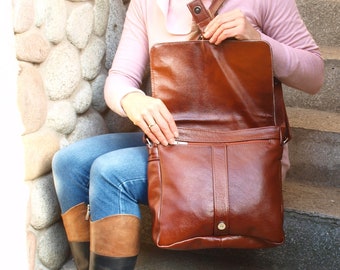 Cognac leather shoulder bag with crossbody strap, Simple cognac leather purse, diaper bag, hobo bag, Every Day Bag, Woman leather tote