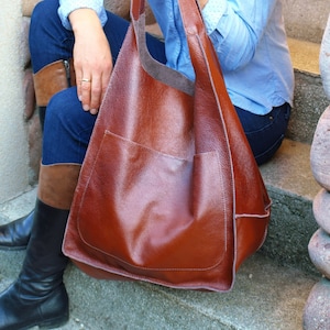Bolso TOTE DE CUERO color coñac, bolso tote holgado, bolso de fin de semana de gran tamaño, monedero de cuero, bolso de hombro, bolso de mano color coñac para mujer, bolso de uso diario,