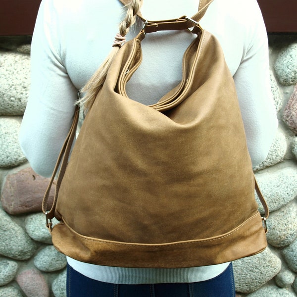 Camel leather convertible backpack, Large leather hobo bag, shoulder bag, crossbody purse, diaper bag, Lederrucksack, slouchy tote bag