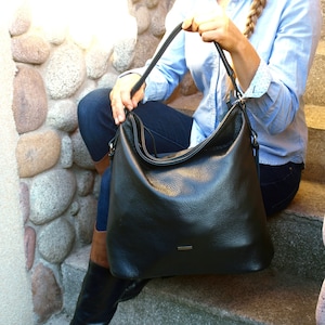 Black leather hobo handbag, tote bag with crossbody strap, Large leather tote bag, Soft Leather Bag, Christmas gift