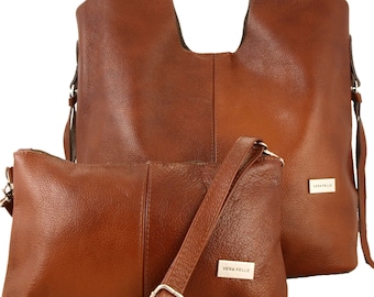 Un simple sac à bandoulière cognac, un sac à main en cuir souple avec une petite trousse à maquillage, un sac à main surdimensionné, un grand sac à main, un cadeau pour elle, un sac fourre-tout en cuir