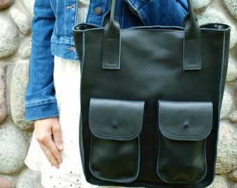 Schwarze Leder Geldbörse, Tragetaschen für Frauen, Slouchy TOTE Tasche mit Taschen, Große Handtasche für Frauen, Weiche Ledertasche, Frauen Ledertasche