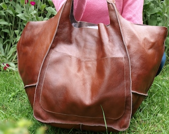 Cognac BROWN OVERSIZE SHOPPER Bag - Large Leather Tote Bag - Weekender Oversized bag, Shoulder Bag, Everyday Purse, Large slouchy hobo bag,