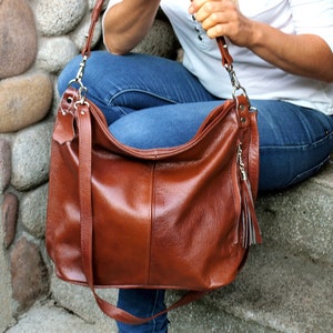 Cognac Slouchy Tote Bag, Leder Geldbörse, Ledertasche mit Reißverschluss, große slouchy Hobo Tasche Cognac Handtasche für Frauen, weiche Ledertasche,