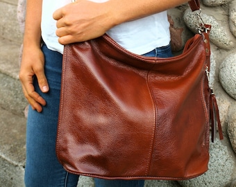 Leather shoulder bag with crossbody strap, Cognac leather hobo bag, diaper bag, Every Day Bag, Women brown bag, slouchy tote bag