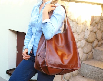 Cognac LEATHER TOTE Bag, Slouchy Tote, Shoulder bag, Cognac Oversized bag, Handbag for Women, leather weekender bag, Soft Leather Bag