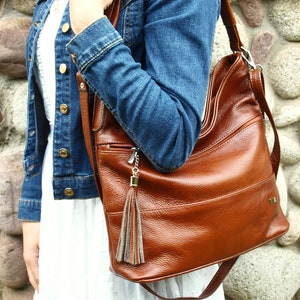 Large Leather HOBO Bag, Soft Leather Bag, Cognac Leather Shoulder Bag, Leather Purse, leather bag with zipper, Cognac Handbag for Women,