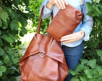 Cognac OVERSIZE SHOPPER-tas - grote leren draagtas - grote schoudertas, cognac leren draagtas - grote slouchy hobo-tas, zacht leer,