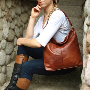 Leather Slouchy Hobo Bag, Large Shoulder Bag, Cognac Leather Tote Bag, Oversized Leather Bag, Gift For Her, Christmas Gift