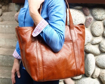 Cognac leather shoulder bag, large leather tote, simple cognac leather handbag, purse, slouch bag, soft leather hobo bag, , Every Day Bag