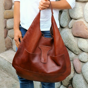 Slouchy TOTE bag with pocket, Leather purse, tote bags for women, Cognac Handbag for Women, Soft Leather Bag, Women leather bag,